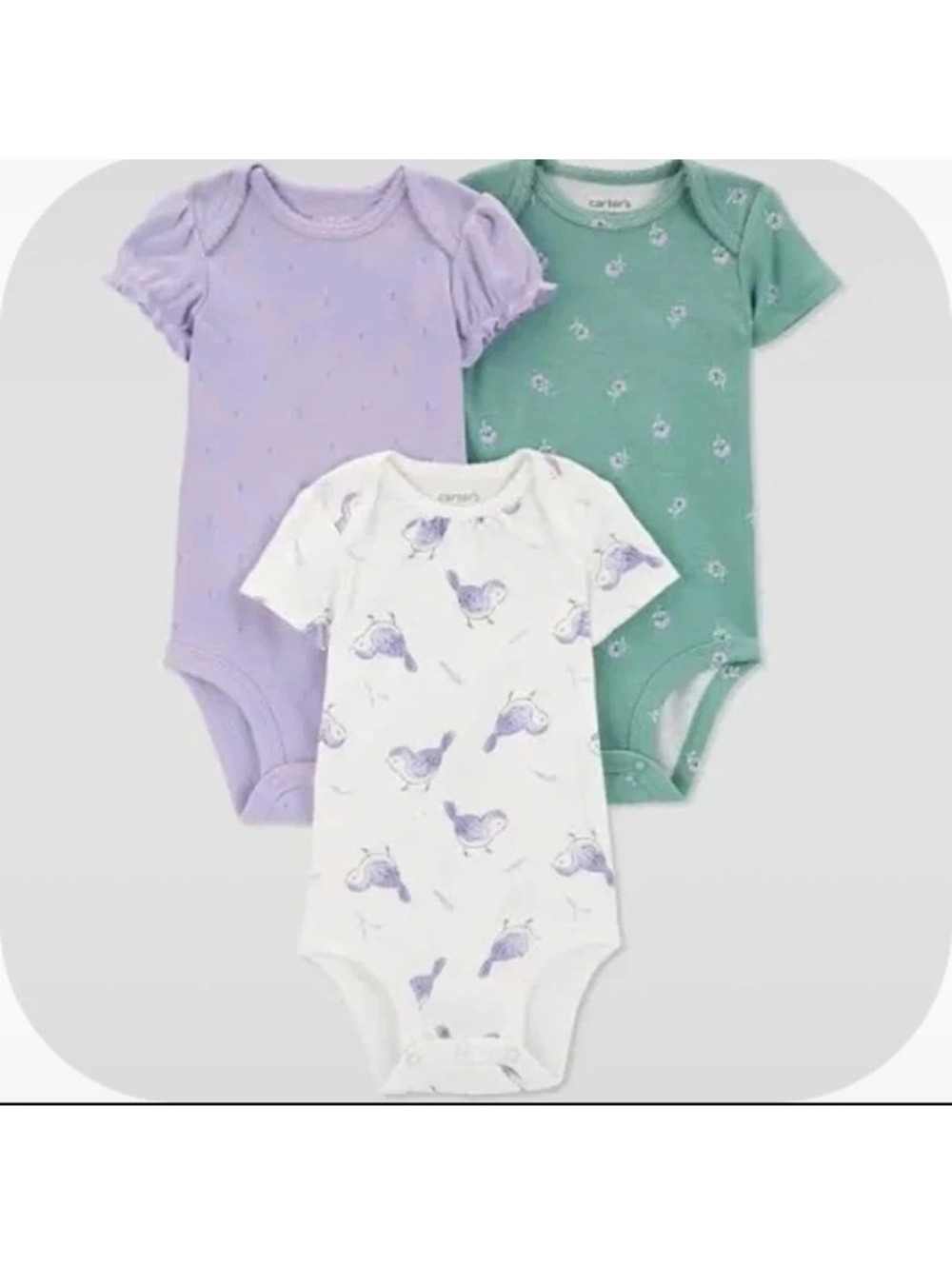 Carter’s Baby 3-Pack Short Sleeve Bodysuits Purple Green Bird Print